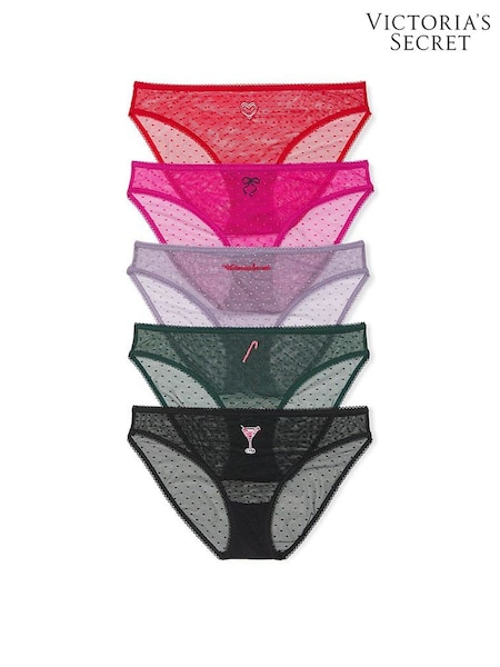 Victoria's Secret Red/Pink/Purple/Green/Black 5 Pack Dotted Mesh Bikini Knickers (AC0341) | £27