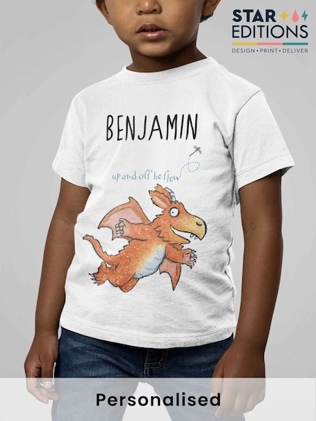 Star Editions Childrens Blue Personalised Up and Off He Flew Zog 100% Cotton T-Shirt (AC0615) | £15