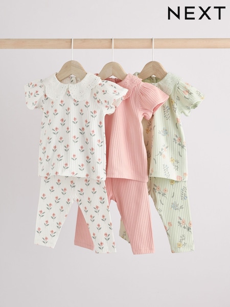 Pink/ Sage Green/ White Floral Printed Character Baby Tops and Leggings 6 Pack Set (AC0684) | £30 - £32