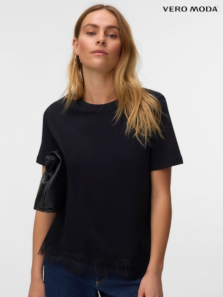 Black - Vero Moda Lace Trim Short Sleeve T-shirt