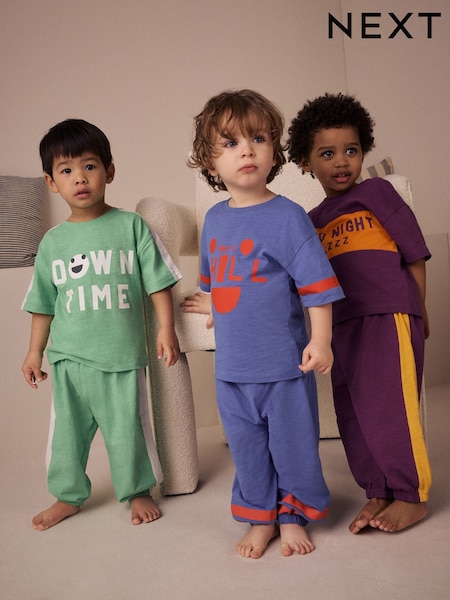 Multi Bright Slogan Relaxed Fit Long Leg Short Sleeve Pyjamas 3 Pack (9mths-10yrs) (AC0922) | £25 - £31