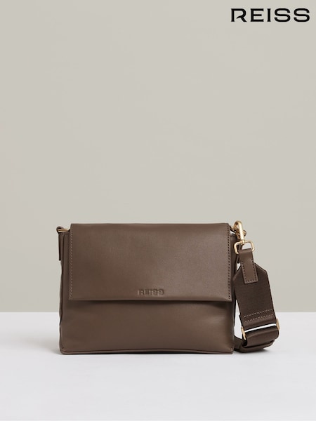 Reiss Taupe Selena Leather Flap Crossbody Bag (AC1003) | £148
