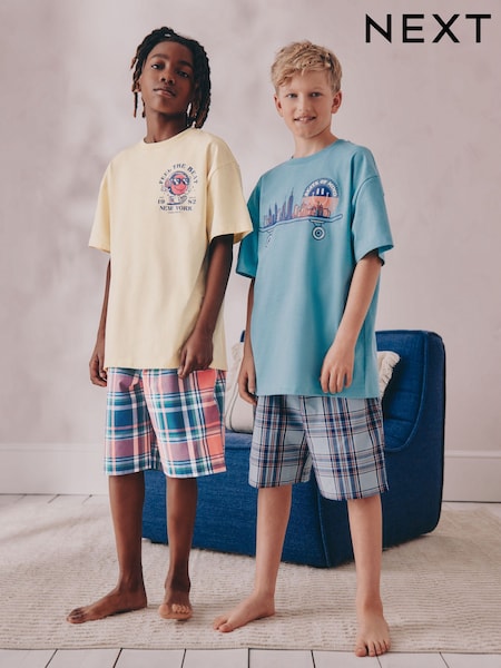 White/Blue Smile/Skate Check Woven Short Pyjamas 2 Pack (4-16yrs) (AC1012) | £22 - £29
