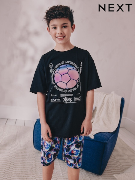Black Football Single 100% Cotton Short Pyjamas (5-16yrs) (AC1015) | £12 - £17
