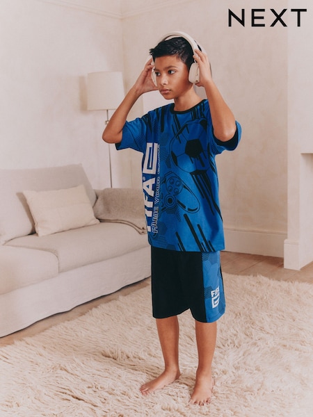 Blue/Black Single License Short 100% Cotton Pyjamas (5-16yrs) (AC1082) | £16 - £21