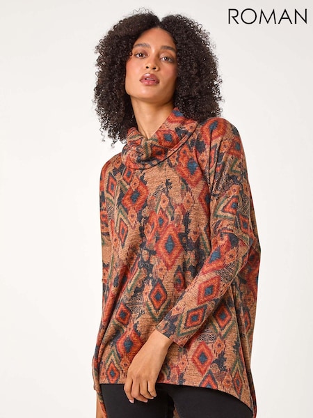 Roman Brown Aztec Print Cowl Neck Tunic Top (AC1274) | £32