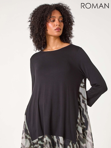 Roman Grey Abstract Print Contrast Mesh Hem Stretch Top (AC1289) | £32