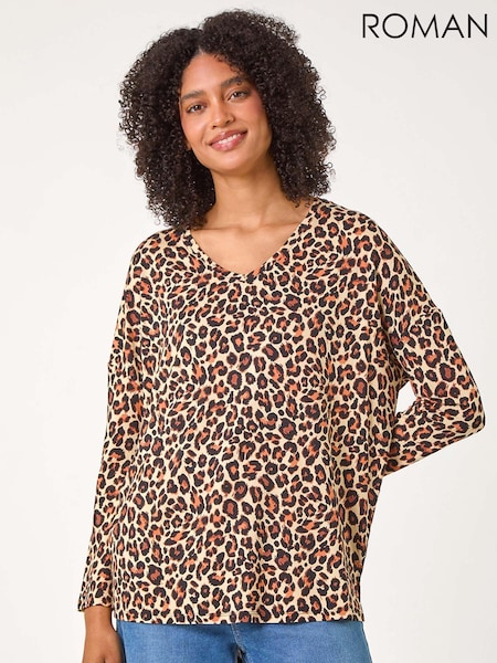 Roman Natural Animal Print V-Neck Tunic Stretch Top (AC1301) | £32