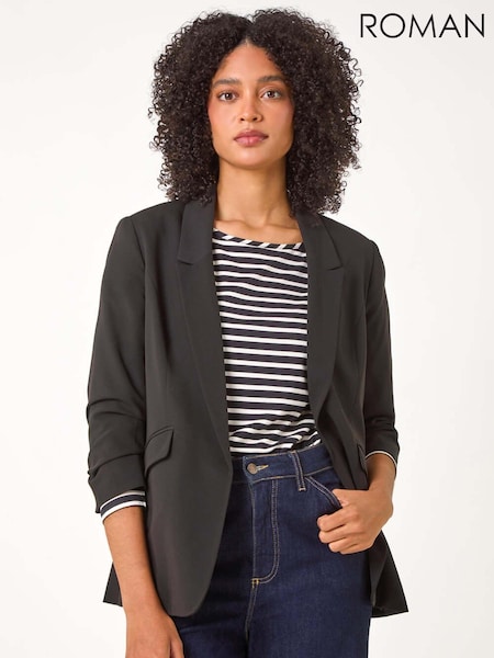 Roman Black Ruched Sleeve Stretch Blazer (AC1308) | £48
