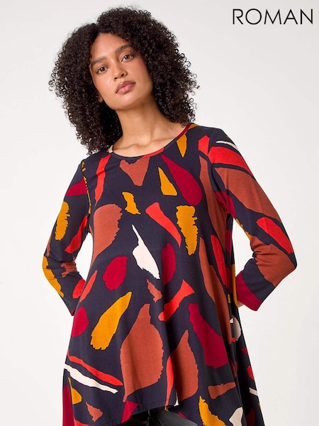Roman Red Abstract Print Hanky Hem Stretch Top (AC1309) | £32