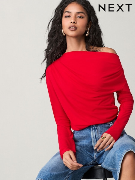 Red Off Shoulder Long Sleeve Drape Jersey Top (AC1370) | £32
