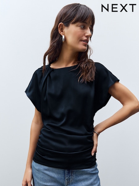 Navy Satin Ruched Short Sleeve Top (AC1383) | £34