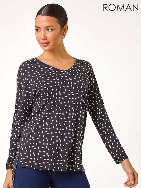 Roman Black Spot Print Stretch Tunic Top (AC1523) | £32