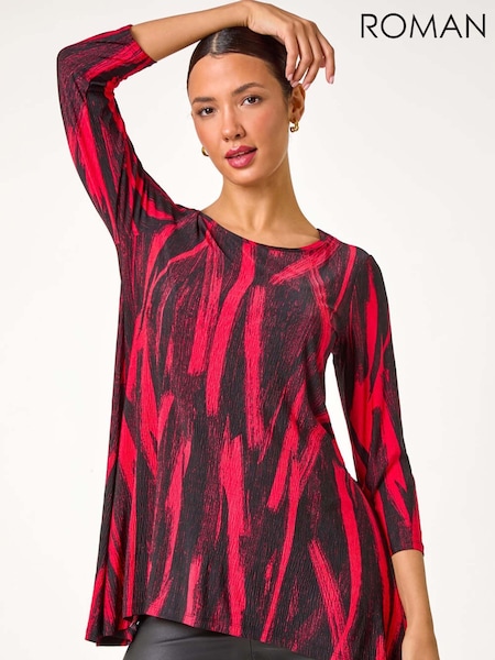 Roman Red Brush Print Hanky Hem Stretch Tunic Top (AC1528) | £32