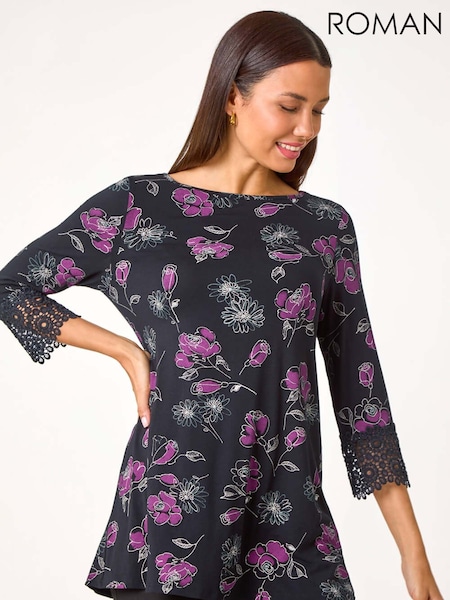 Roman Purple Floral Print Lace Detail Stretch Top (AC1534) | £32