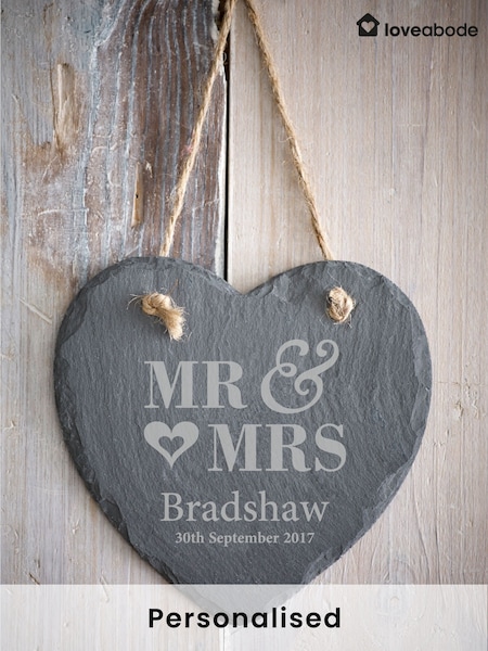 Loveabode Grey Personalised Mr & Mrs Hanging Slate Heart Hanging Art (AC1536) | £17