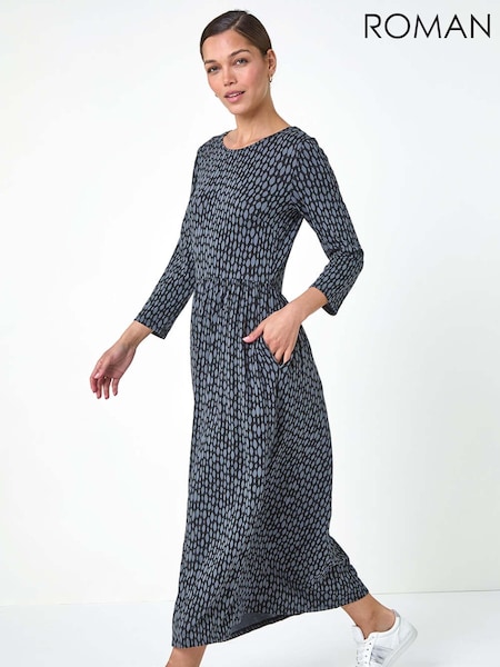 Roman Grey Geometric Pocket Stretch Midi Dress (AC1571) | £42
