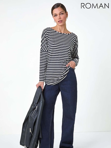 Roman Black Relaxed Stripe Print Long Sleeve Stretch T-Shirt (AC1580) | £32