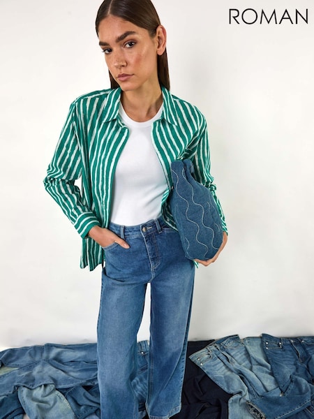 Roman Blue Cotton Blend Wide Leg Stretch Jeans (AC1586) | £45