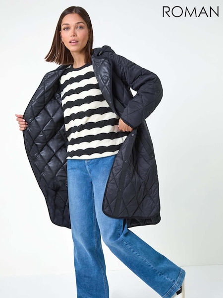 Roman Black Iridescent Diamond Quilted Hooded Coat (AC1595) | £75