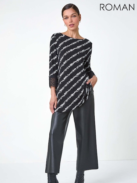 Roman Black Spot Stripe Lace Trim Stretch Tunic Top (AC1605) | £32