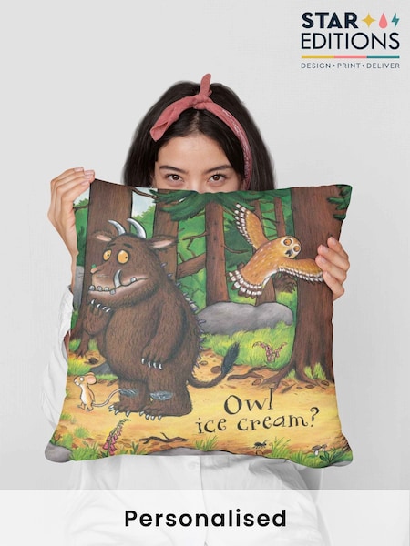 Star Editions Personalised Owl Ice cream Gruffalo Green 100% Cotton Cushion (AC1664) | £25