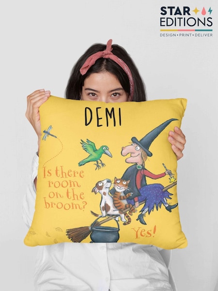 Star Editions Yellow Personalised Room On The Broom 100% Cotton Cushion (AC1681) | £25