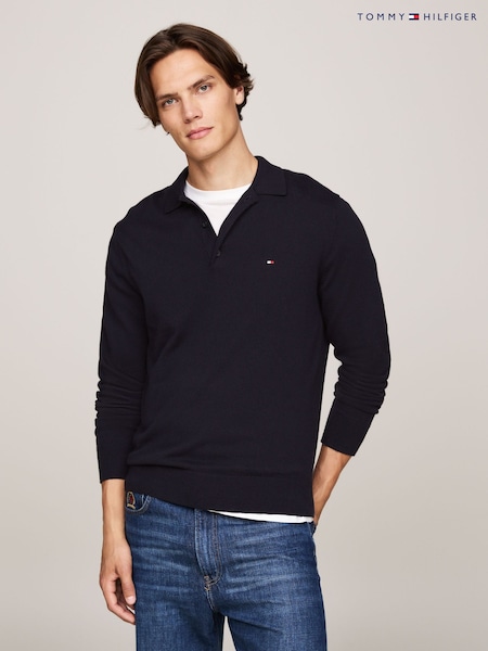 Tommy Hilfiger Blue Pima Cotton Cashmere Long Sleeve Polo Shirt (AC2567) | £130
