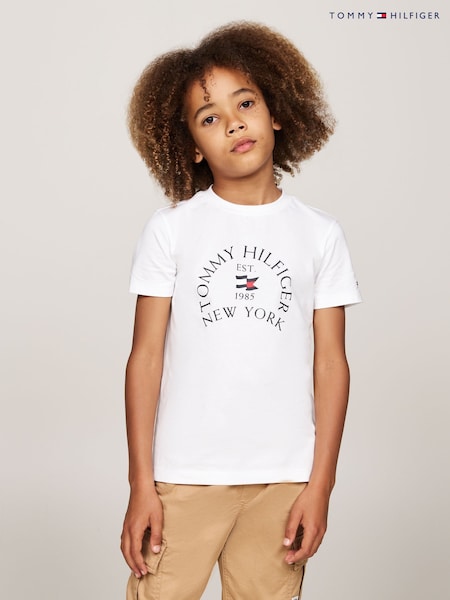 Tommy Hilfiger White Regular Fit Nautical Arch Printed Short Sleeved 100% Cotton T-Shirt (AC2693) | £20