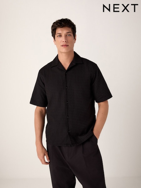 Black Short Sleeve Textured Waffle 100% Cotton Shirt (AC2746) | £30