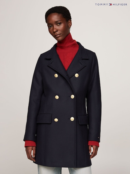 Tommy Hilfiger Blue Slim Fit Wool Blend Double Breasted Funnel Coat (AC2946) | £360