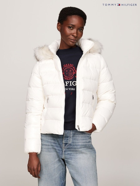 Tommy Hilfiger Tyra Gloss Down White Jacket With Faux Fur (AC2972) | £260