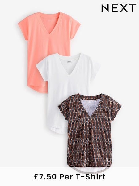 Apricot/Stripe/White 100% Cotton V-Neck Cap Sleeve T-Shirts 3 Pack (AC3119) | £22.50