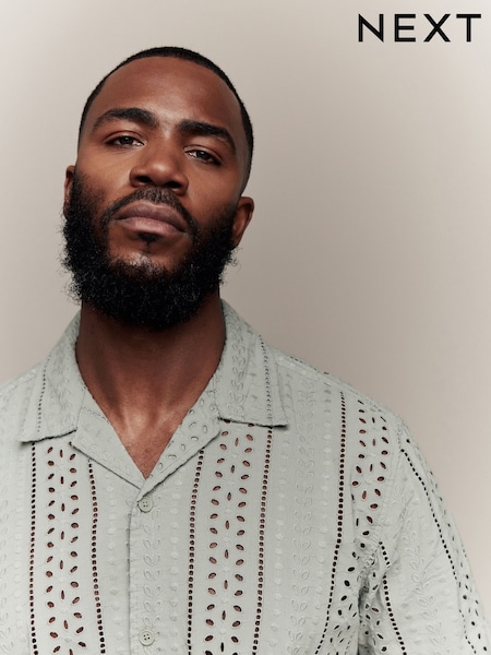 Green 100% Cotton Textured Broderie Short Sleeve Shirt (AC3125) | £35