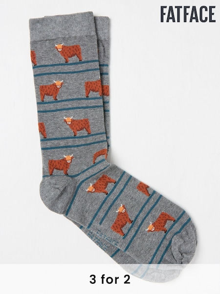 FatFace Grey Highland Cow Stripe Socks (AC3183) | £7.50