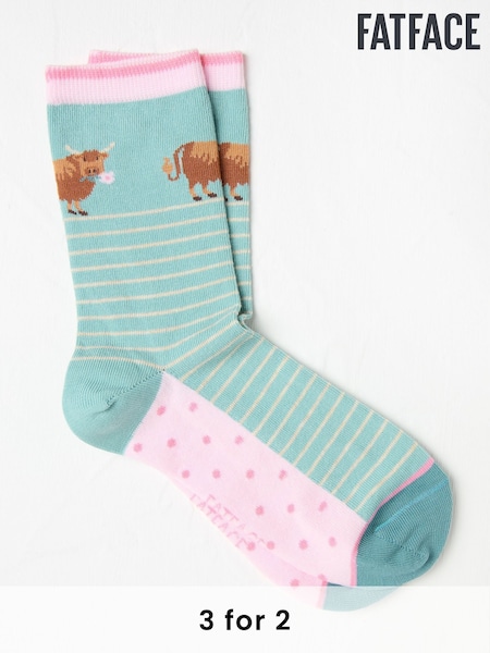 FatFace Green Hetty Highland Cow Women's Socks (AC3233) | £7.50