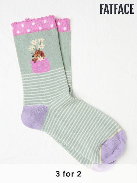 FatFace Green Stripe Dog Women's Socks (AC3245) | £7.50