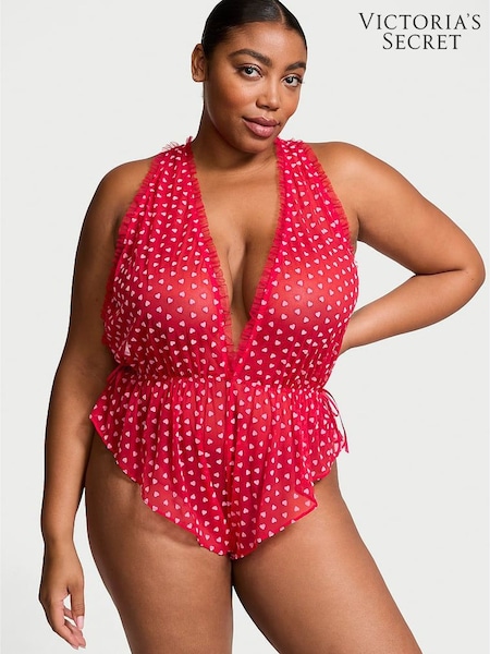 Victoria's Secret Vermillion Red Tease Mini Hearts Flocked Mesh Playsuit (AC3472) | £45