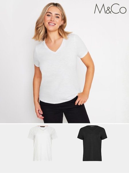 M&Co Black V-Neck 100% Cotton T-Shirts 2 Pack (AC3958) | £22