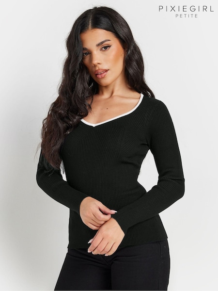 PixieGirl Petite Black Sweetheart Neck Long Sleeve Jumper (AC3967) | £29