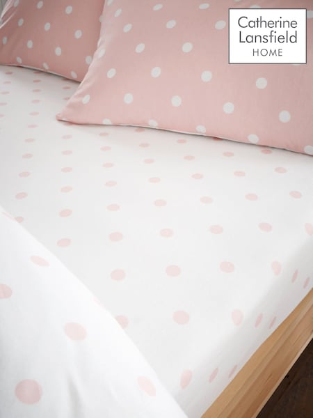 Catherine Lansfield Blush Pink Brushed 100% Cotton Polka Dot Fitted Bed Sheet (AC4282) | £12 - £18
