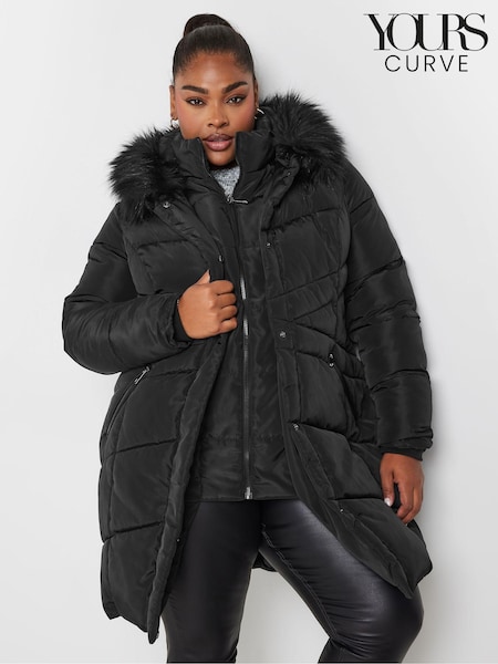 Yours Curve Black Midi Padded Puffer Coat (AC4407) | £75