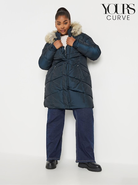 Yours Curve Blue Midi Padded Puffer Coat (AC4425) | £75