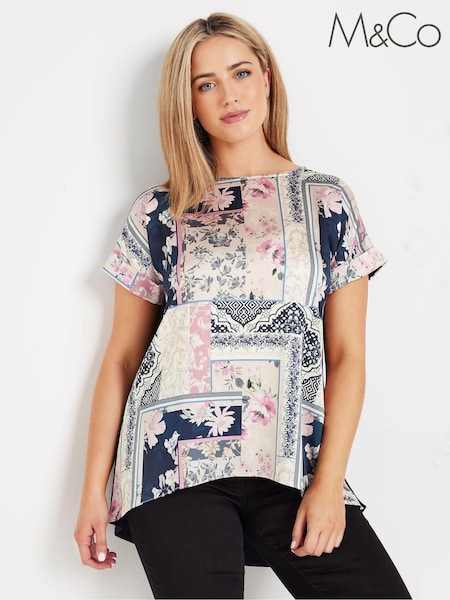 M&Co Blue Scarf Printed Woven Front Top (AC4572) | £36