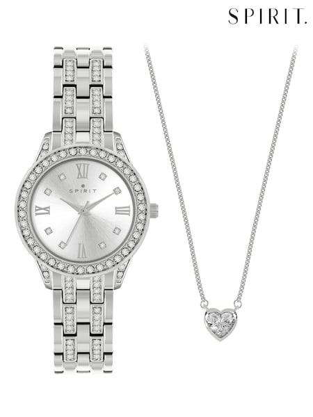 Spirit Ladies Silver Tone Bracelet Watch And Heart-Shaped Stone Chain Necklace Set (AC4627) | £50