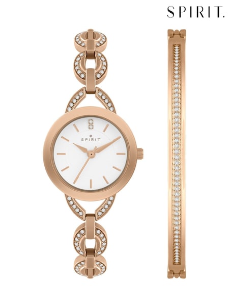 Spirit Ladies Gold Tone Polished Pale Rose Link Bracelet Watch And Bracelet Set (AC4637) | £45