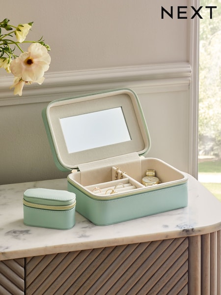 Mint Green Faux Leather Travel Jewellery Box With Removable Mini Box (AC4694) | £28