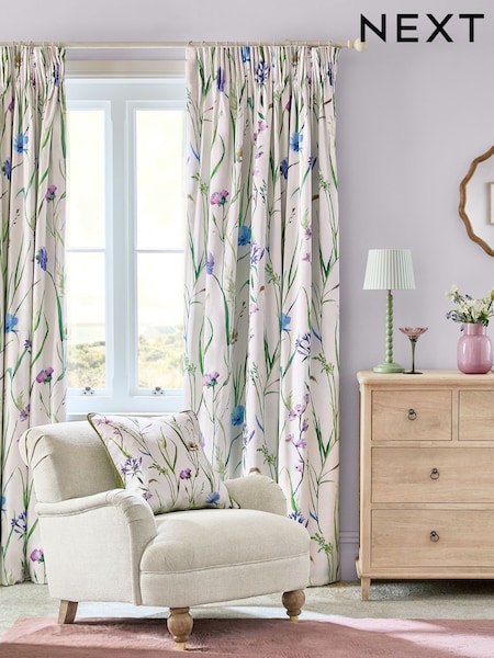 White Spring Meadow Floral Sateen Blackout/Thermal Pencil Pleat Curtains (AC4698) | £50 - £115