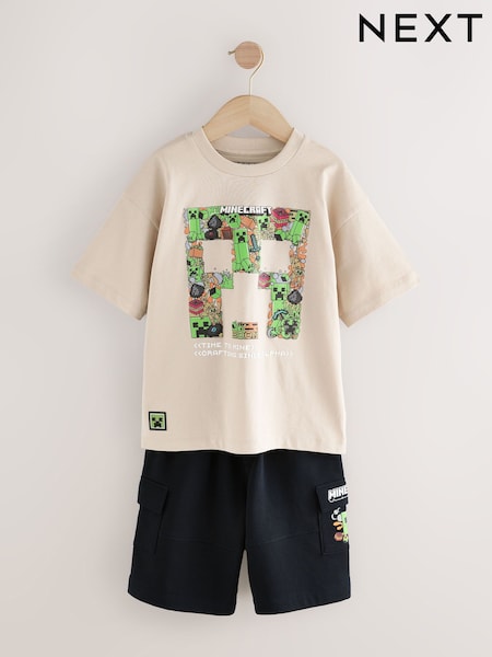 Stone/Black Short Sleeve Minecraft T-Shirt And Shorts Set (3-16yrs) (AC4715) | £28 - £36