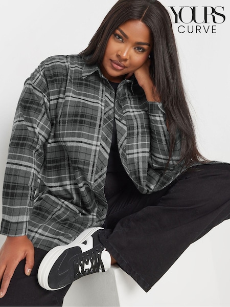 Yours Curve Grey Oversized Checked 100% Cotton Shirt (AC4860) | £29